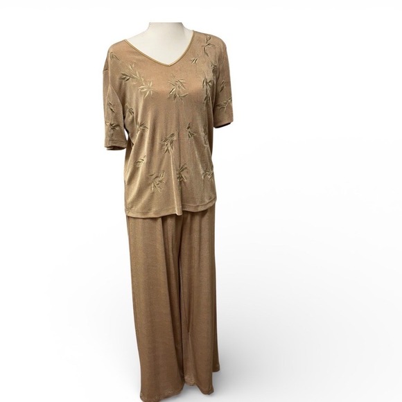 Together Womens 3 Piece Pant Set Tan Gold Embroidered Cardigan Top Pants Size M - Picture 3 of 8